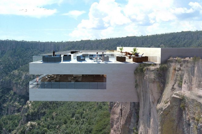 mexico, Tall Arquitectos, copper canyon cocktail bar, basaseachic falls, glass floor, glass-tiled floor, see-through floor, swimming pool
