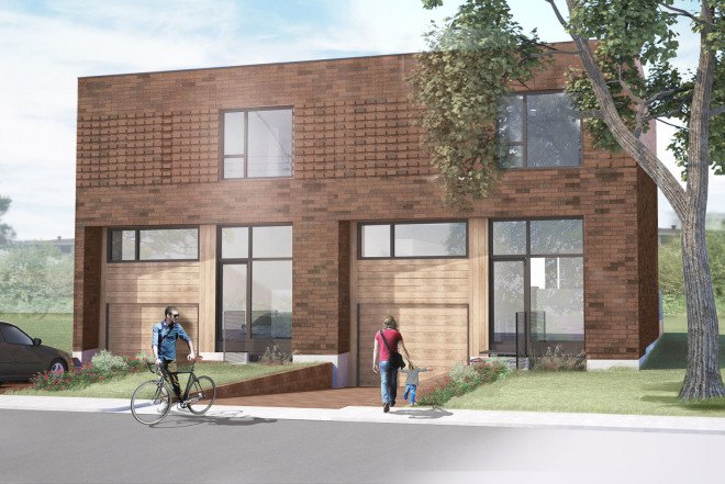 Des Écailles, Montreal, L. McComber, cedar siding, brick, home office, cedar, green architecture