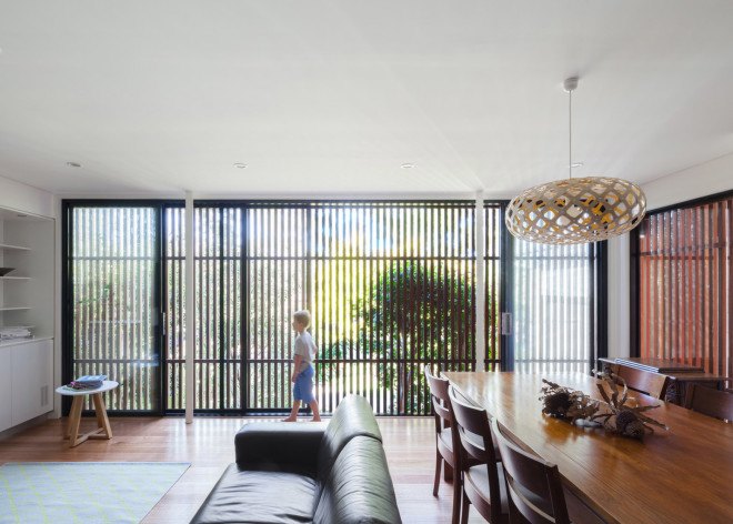 Bijl Architecture, Sydney modern homes, modern architecture, wood slat screen, wood screen, slatted wood facade, wood facade, light control, green remodel, home remodeling, mid-century remodel, Escu House
