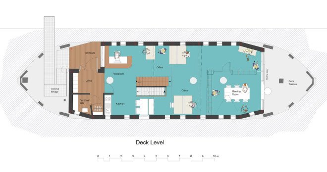 Floating Office by Marraum Architecture, adaptive reuse barge, WWII barge transformed, floating office in Cornwall, Jubilee Wharf architecture, floating office architecture, Brain of Brian by Marraum Architecture