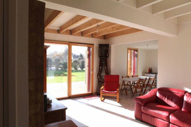 a.typique Patrice BIDEAU architecte, Patrice Bideau, pitched roof, energy efficient house, pilgrimage, France, RT 2012 standard, energy efficiency standard, heat pump, pergola, thermal mass, passive house, natural building materials, green materials