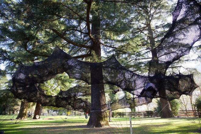 tube merano, numen / for use, bau, spring festival, south tyrol, italian festival, art & nature, walking with senses, net tubing, tree climbing, tree net, tree installation