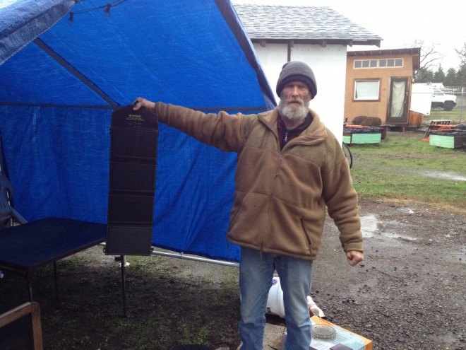 SunJack solar charger, solar-powered tiny house village, tiny house village, tiny house village for the homeless, Opportunity Village Eugene,