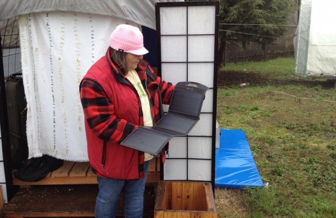 SunJack solar charger, solar-powered tiny house village, tiny house village, tiny house village for the homeless, Opportunity Village Eugene,