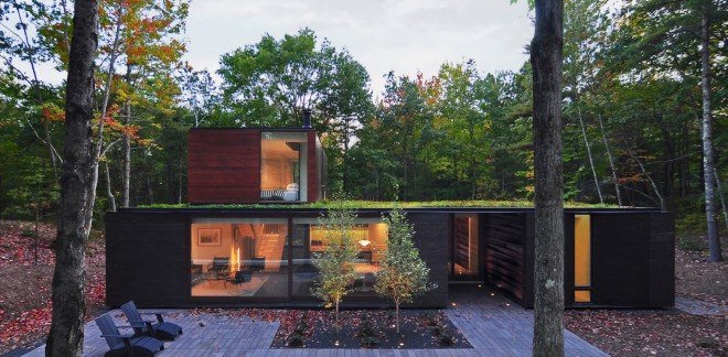 Pleated House by Johnsen Schemaling Architects, Wisconsin green roofed architecture, Door County architecture, charred timber architecture