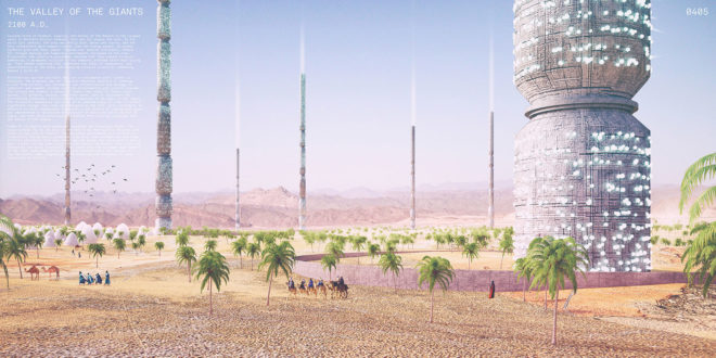 eVolo, 2016 eVolo Skyscraper competition, Valley of the Giants, North Africa, 1km tall towers in North Africa, 1km tall cylinders reseed the desert, skyscraper addresses desertification, skyscrapers helps water-scarcity in North Africa,