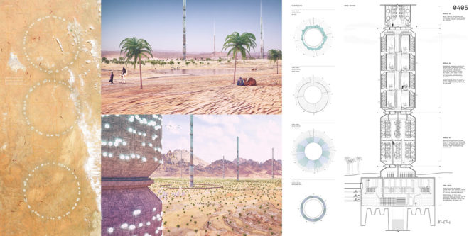 eVolo, 2016 eVolo Skyscraper competition, Valley of the Giants, North Africa, 1km tall towers in North Africa, 1km tall cylinders reseed the desert, skyscraper addresses desertification, skyscrapers helps water-scarcity in North Africa,