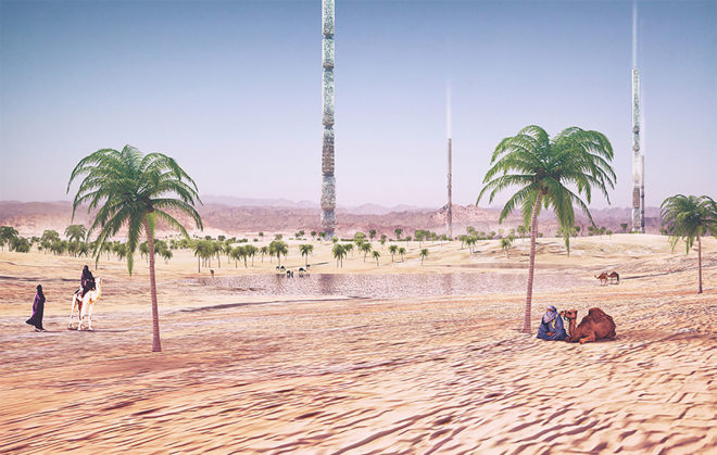 eVolo, 2016 eVolo Skyscraper competition, Valley of the Giants, North Africa, 1km tall towers in North Africa, 1km tall cylinders reseed the desert, skyscraper addresses desertification, skyscrapers helps water-scarcity in North Africa,