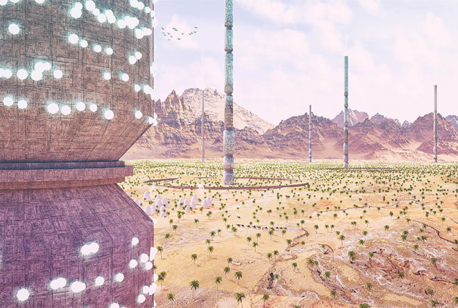 eVolo, 2016 eVolo Skyscraper competition, Valley of the Giants, North Africa, 1km tall towers in North Africa, 1km tall cylinders reseed the desert, skyscraper addresses desertification, skyscrapers helps water-scarcity in North Africa,