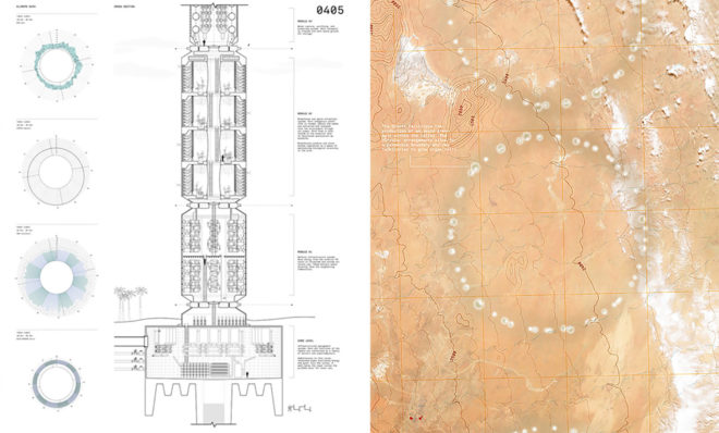 eVolo, 2016 eVolo Skyscraper competition, Valley of the Giants, North Africa, 1km tall towers in North Africa, 1km tall cylinders reseed the desert, skyscraper addresses desertification, skyscrapers helps water-scarcity in North Africa,