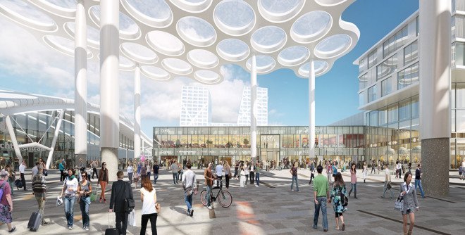 Stationsplein-Oost retail pavilion, Moederscheim Moonen Architects, retail pavilion, The Netherlands, transparent canopy, transportation hub, public transportation, bicycle storage, green architecture