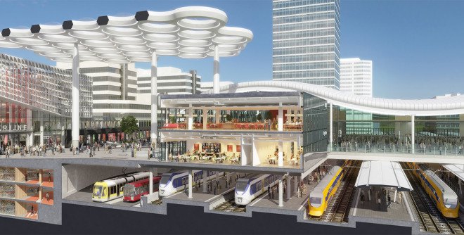 Stationsplein-Oost retail pavilion, Moederscheim Moonen Architects, retail pavilion, The Netherlands, transparent canopy, transportation hub, public transportation, bicycle storage, green architecture