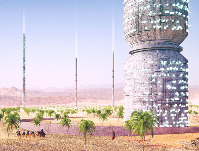 eVolo, 2016 eVolo Skyscraper competition, Valley of the Giants, North Africa, 1km tall towers in North Africa, 1km tall cylinders reseed the desert, skyscraper addresses desertification, skyscrapers helps water-scarcity in North Africa,