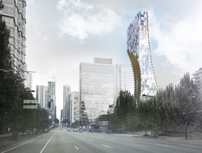 Kengo Kuma, Alberni by Kuma, Vancouver, green tower, mixed-use tower, mixed-use development, glass facade, anodized aluminium, green architecture, Japanese garden, green architecture
