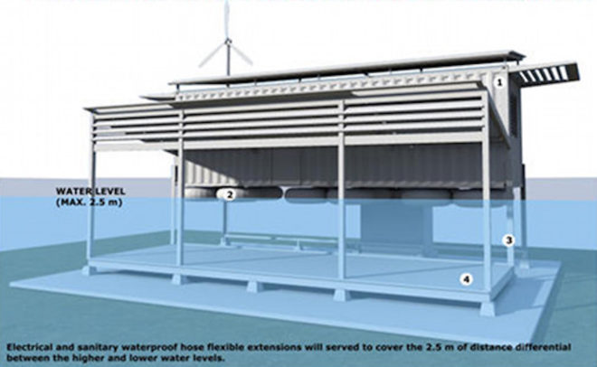The Greenhouse That Grows Legs by Between Art and Technology Studio, amphibious architecture, examples of amphibious homes, Amphibious Container by Green Container International Aid, amphibious shipping container, Amphibious House by Baca Architects, Maasbommel’s Amphibious Homes by Waterstudio and Dura Vermeer , FLOAT House by Morphosis, Amphibious House by Baca Architects