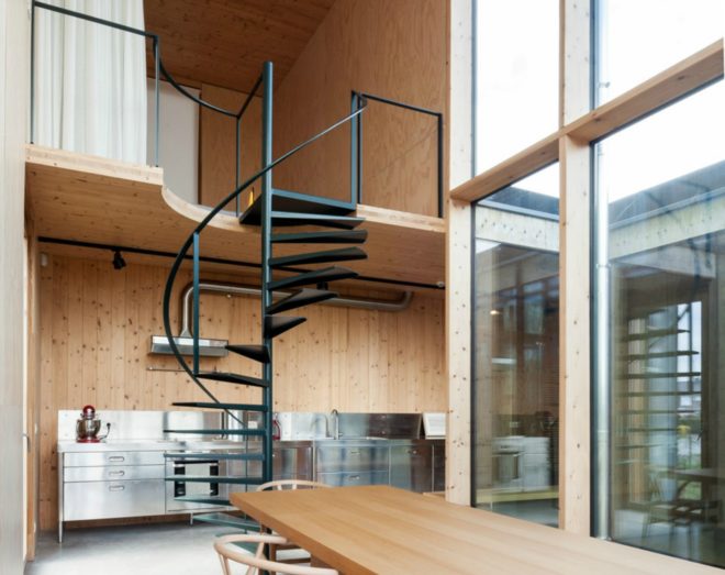 Architecture studio GAFPA, weekend house wachtebeke, architecture, belgian architecture, belgian holiday home, japanese home design, minimalist design, transportable homes, plywood walls, japanese design, plywood materials, spiral staircase