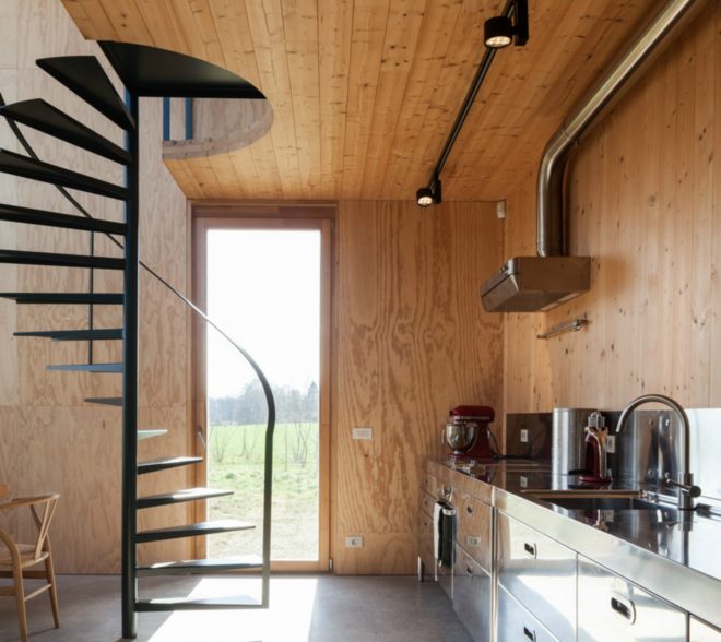Architecture studio GAFPA, weekend house wachtebeke, architecture, belgian architecture, belgian holiday home, japanese home design, minimalist design, transportable homes, plywood walls, japanese design, plywood materials, spiral staircase