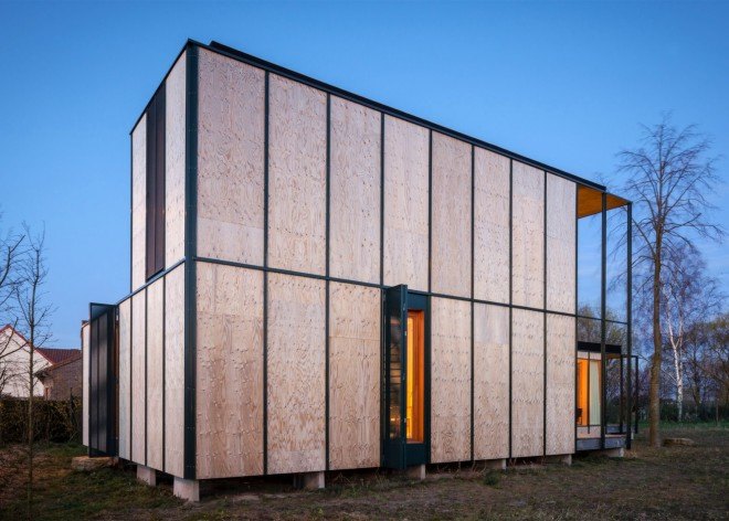 Architecture studio GAFPA, weekend house wachtebeke, architecture, belgian architecture, belgian holiday home, japanese home design, minimalist design, transportable homes, plywood walls, japanese design, plywood materials, spiral staircase