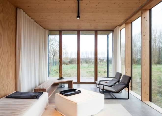 Architecture studio GAFPA, weekend house wachtebeke, architecture, belgian architecture, belgian holiday home, japanese home design, minimalist design, transportable homes, plywood walls, japanese design, plywood materials, spiral staircase