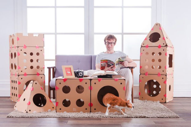 box kitty, transforming cat house, modular cat house, cardboard cat house, recyclable cardboard, recycled cardboard, indoor cat house, cats, cat designs, transforming furniture