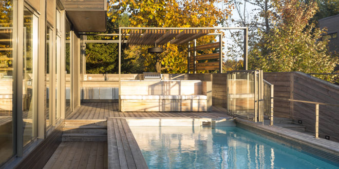 DL Terrace, green terrace, outdoor kitchen, swimming pool, Martine Brisson, green pergola, Canada, green renovation, green architecture
