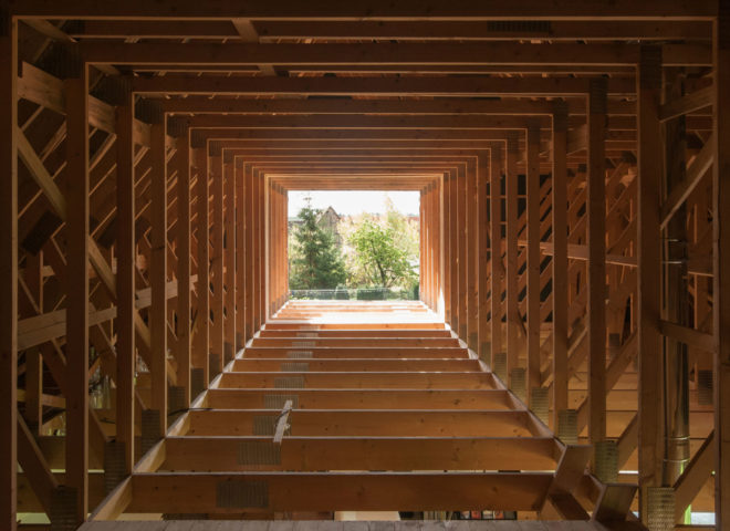 Disneyland house, France, retirement home, mountain home, pitched roof, gabled roof, timber house, GENS: Association Libérale d'Architecture, timber architecture, green architecture, natural light