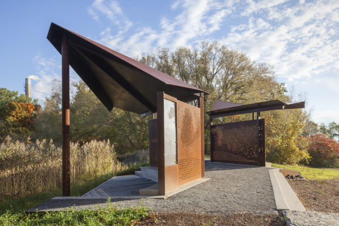 PLANT Architect, East Point Park Bird Sanctuary, Lake Ontario, bird watching, pavilions, steel pavilion, Bird Blind pavilion, weathered steel, laser cutting, green architecture, shelter