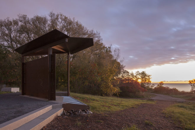 PLANT Architect, East Point Park Bird Sanctuary, Lake Ontario, bird watching, pavilions, steel pavilion, Bird Blind pavilion, weathered steel, laser cutting, green architecture, shelter