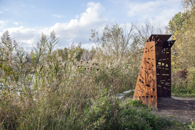 PLANT Architect, East Point Park Bird Sanctuary, Lake Ontario, bird watching, pavilions, steel pavilion, Bird Blind pavilion, weathered steel, laser cutting, green architecture, shelter