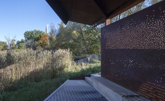 PLANT Architect, East Point Park Bird Sanctuary, Lake Ontario, bird watching, pavilions, steel pavilion, Bird Blind pavilion, weathered steel, laser cutting, green architecture, shelter