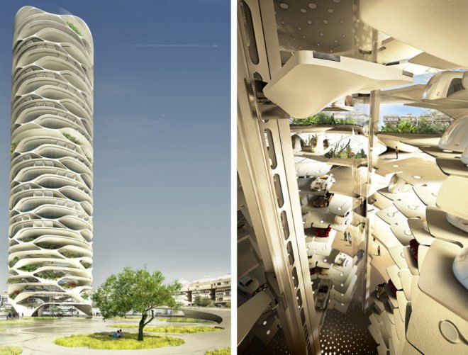 Gran Mediterraneo tower, green tower, Tel Aviv, glass skyscraper, Israel, David Tajchman, automated car park, automated parking, green skyscraper, green architecture, mirrored glass, community garden, driverless cars