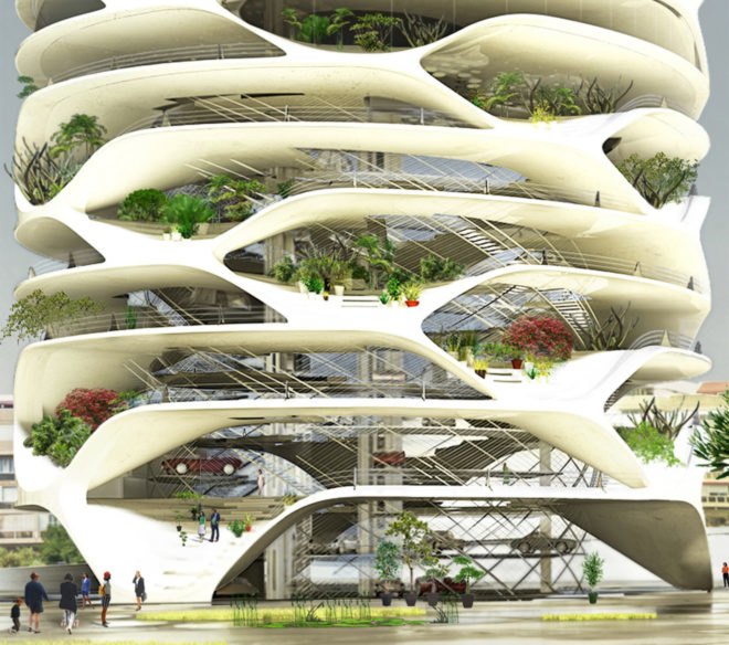 Gran Mediterraneo tower, green tower, Tel Aviv, glass skyscraper, Israel, David Tajchman, automated car park, automated parking, green skyscraper, green architecture, mirrored glass, community garden, driverless cars