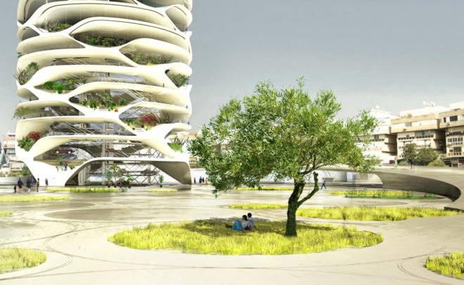Gran Mediterraneo tower, green tower, Tel Aviv, glass skyscraper, Israel, David Tajchman, automated car park, automated parking, green skyscraper, green architecture, mirrored glass, community garden, driverless cars