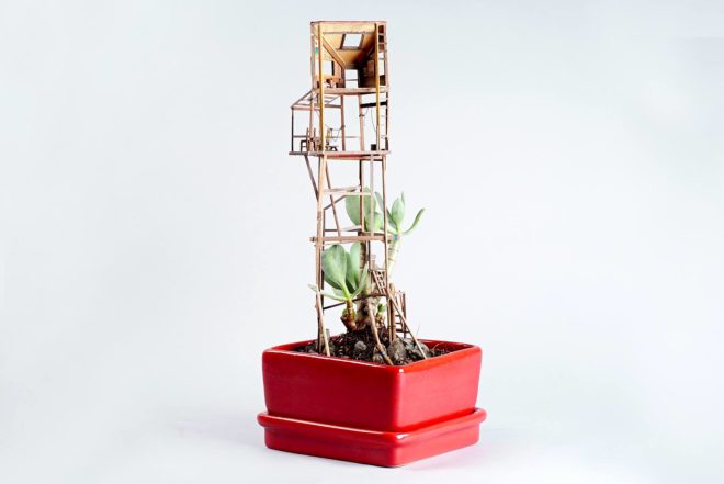 Jedediah Voltz, recycled tree house, miniature tree house, Somewhere Small, tree houses for houseplants, tiny treehouse, recycled materials,