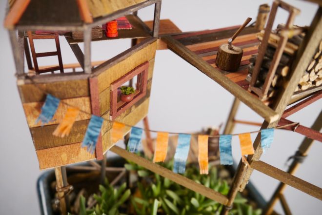 Jedediah Voltz, recycled tree house, miniature tree house, Somewhere Small, tree houses for houseplants, tiny treehouse, recycled materials,