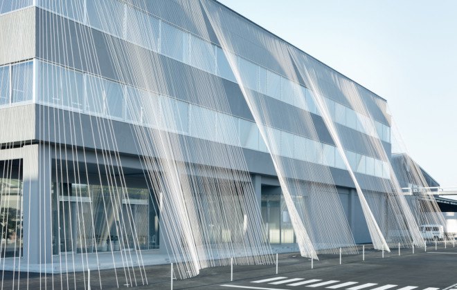earthquake-resistant architecture in Japan, Kengo Kuma architecture, Greenbiz architecture, Greenbiz by Komatsu Seiren, CABKOMA Strand Rod by Komatsu Seiren, carbon fiber strands, earthquake-resistant carbon fiber, Komatsu Seiren Fabric laboratory fa-bo by Kengo Kuma