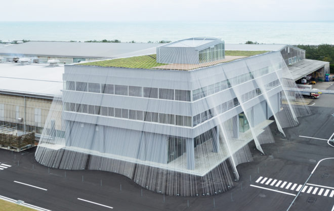 earthquake-resistant architecture in Japan, Kengo Kuma architecture, Greenbiz architecture, Greenbiz by Komatsu Seiren, CABKOMA Strand Rod by Komatsu Seiren, carbon fiber strands, earthquake-resistant carbon fiber, Komatsu Seiren Fabric laboratory fa-bo by Kengo Kuma