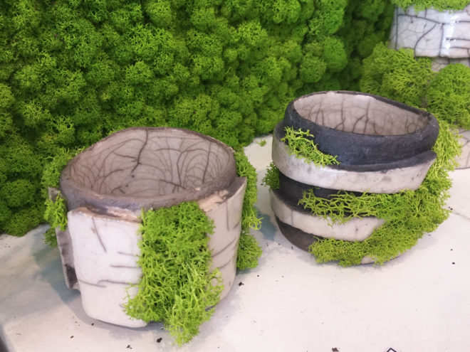 Moss, mossmania, interior design, moss design, green walls, 2016 Milan Design, green design, Milan Design Week, milan furniture, renewable design, moss art, living design, botanical, green furniture, biophilic interior, biophilic design, gardens, interior gardens, moss art, moss covered vase, raku pottery, japanese pottery, moss covered pottery, moss ceramics, japanese ceramics, ceramics