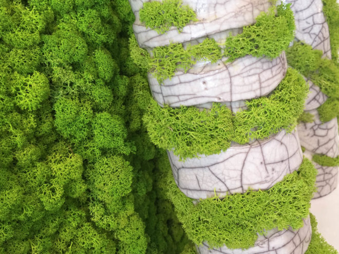 Moss, mossmania, interior design, moss design, green walls, 2016 Milan Design, green design, Milan Design Week, milan furniture, renewable design, moss art, living design, botanical, green furniture, biophilic interior, biophilic design, gardens, interior gardens, moss art, moss covered vase, raku pottery, japanese pottery, moss covered pottery, moss ceramics, japanese ceramics, ceramics