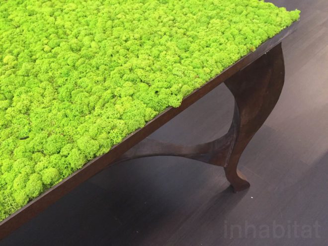 Moss, mossmania, interior design, moss design, green walls, 2016 Milan Design, green design, Milan Design Week, milan furniture, renewable design, moss art, living design, botanical, green furniture, biophilic interior, biophilic design, decorative moss, moss covered furniture, moss table