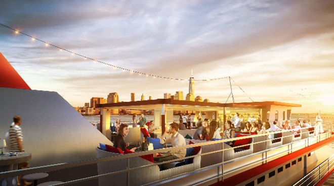 Fish Bar at North River Landing, Andrew Franz Architect, New York Cruise Lines, Fish Bar, pier 81, bar on a boat, floating bar, restaurant on a boat, boat restaurant nyc, nyc boat restaurant, recycled boat, green design, green architecture, eco design, andrew franz