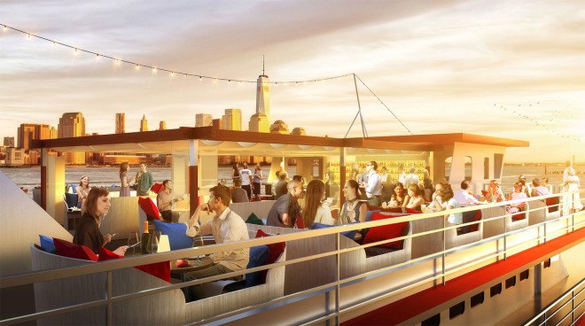 Fish Bar at North River Landing, Andrew Franz Architect, New York Cruise Lines, Fish Bar, pier 81, bar on a boat, floating bar, restaurant on a boat, boat restaurant nyc, nyc boat restaurant, recycled boat, green design, green architecture, eco design, andrew franz
