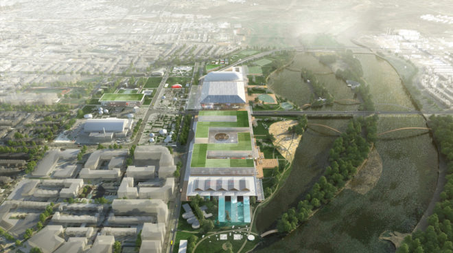 RFK Stadium redesign, RFK Campus Future by OMA, RFK Campus in DC, waterfront design in Washington DC, new stadium in Washington DC, urban design along the Anacostia River