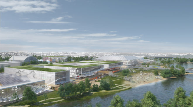 RFK Stadium redesign, RFK Campus Future by OMA, RFK Campus in DC, waterfront design in Washington DC, new stadium in Washington DC, urban design along the Anacostia River