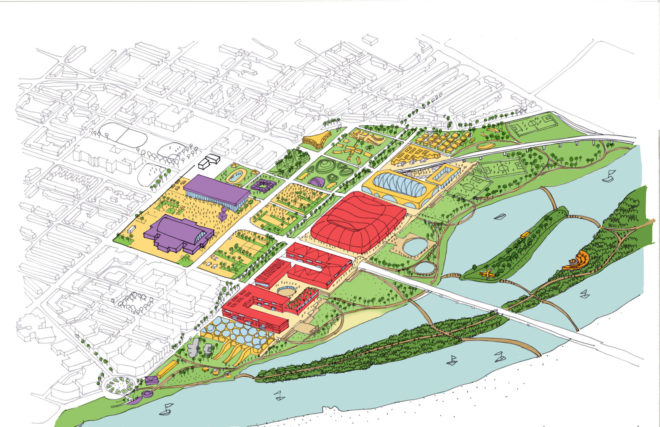 RFK Stadium redesign, RFK Campus Future by OMA, RFK Campus in DC, waterfront design in Washington DC, new stadium in Washington DC, urban design along the Anacostia River
