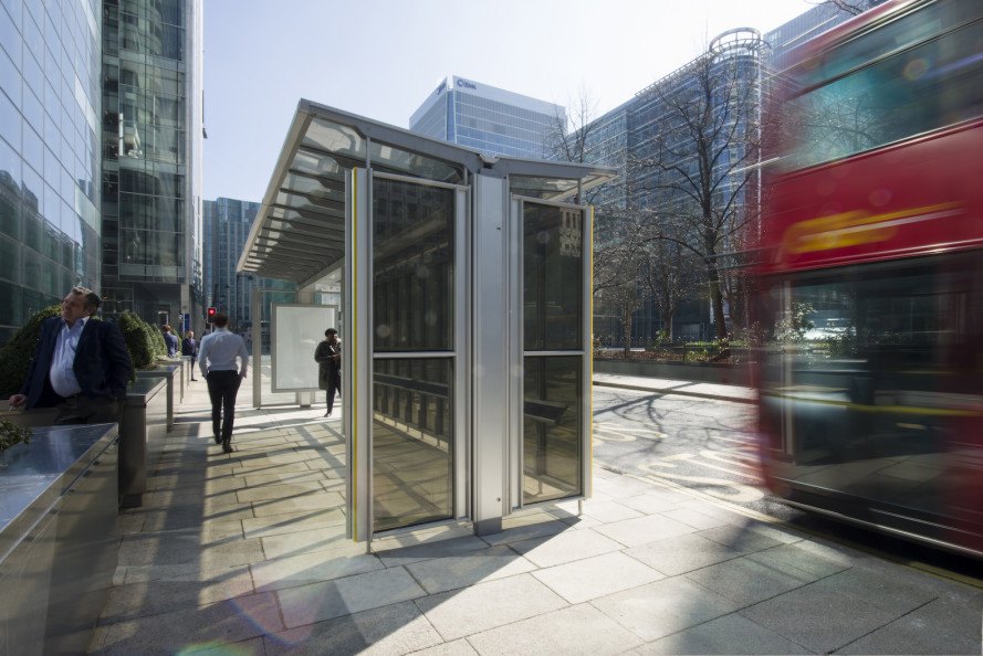 Canary Wharf Group solar project, solar bus shelter UK, solar bus shelter by Polysolar, solar bus shelter by Canary Wharf Group, transparent photovoltaics, transparent solar panels