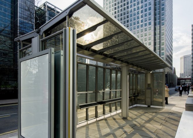 Canary Wharf Group solar project, solar bus shelter UK, solar bus shelter by Polysolar, solar bus shelter by Canary Wharf Group, transparent photovoltaics, transparent solar panels