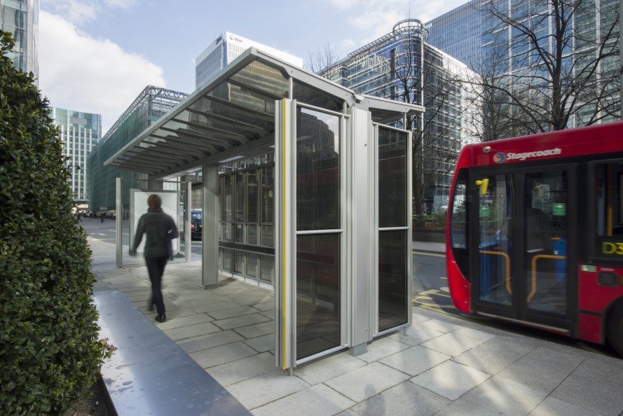 Canary Wharf Group solar project, solar bus shelter UK, solar bus shelter by Polysolar, solar bus shelter by Canary Wharf Group, transparent photovoltaics, transparent solar panels