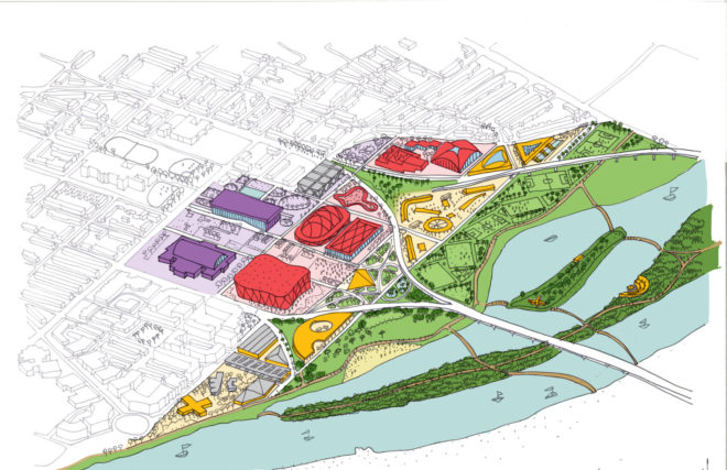 RFK Stadium redesign, RFK Campus Future by OMA, RFK Campus in DC, waterfront design in Washington DC, new stadium in Washington DC, urban design along the Anacostia River