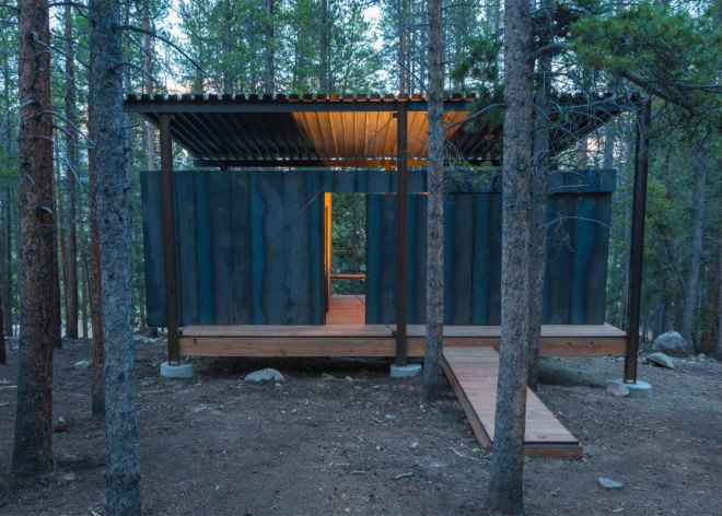 outward bound, cabins, university of colorado denver, architecture students, sustainable cabin, wood, steel, wilderness shelter, dormitories